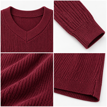 Maroon V-Neck Ribbed Knit Sweater with Full Sleeves