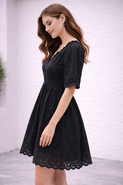 Plus Size Black Cotton Dress with Inner | Loose Fit | V-Neck Button Detail | Short Sleeve Casual Dress