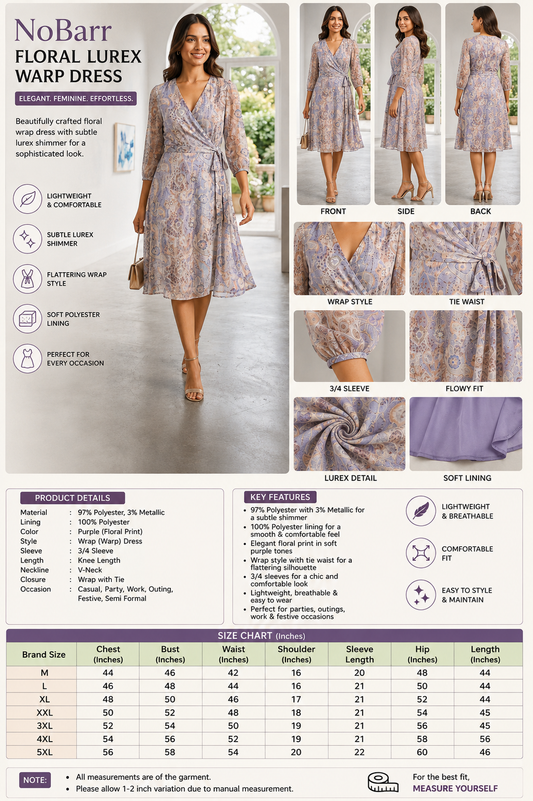 Multicolor Floral Printed Lurex Wrap Dress with Tie Waist, V-Neck & 3/4 Sleeves | Knee-Length A-Line