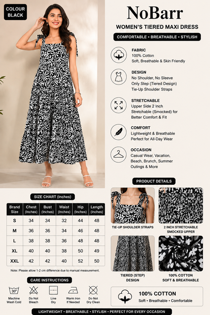 Black Printed Cotton Tiered Maxi Dress | Tie-Up Shoulder Straps | Sleeveless | Stretchable Smocked Bodice