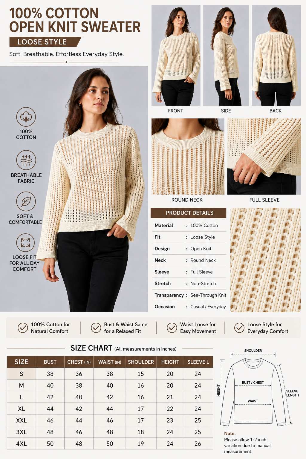 100% Cotton Open Knit Sweater | Round Neck | Full Sleeve | Loose Fit Casual Pullover-off white