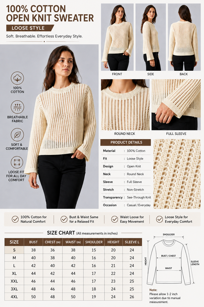 100% Cotton Open Knit Sweater | Round Neck | Full Sleeve | Loose Fit Casual Pullover-off white