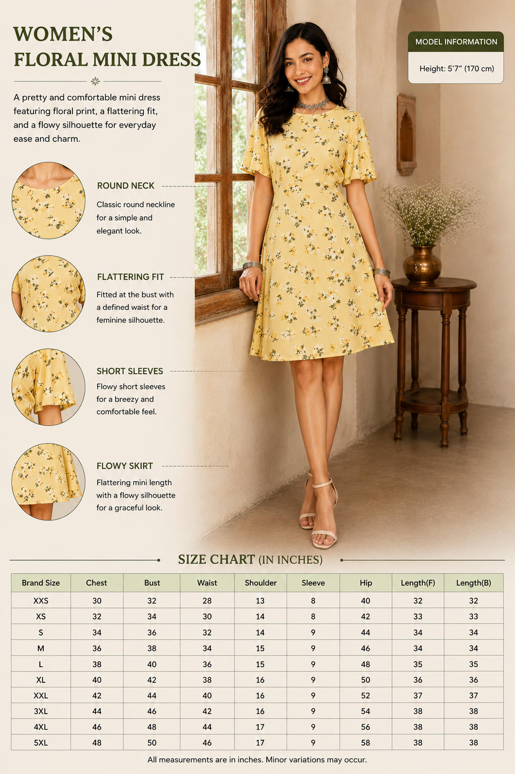 Floral Printed Mini Dress | 100% Rayon | Round Neck | Short Flutter Sleeves | Fit & Flare Casual Dress with 2 Side Pockets | Light Yellow