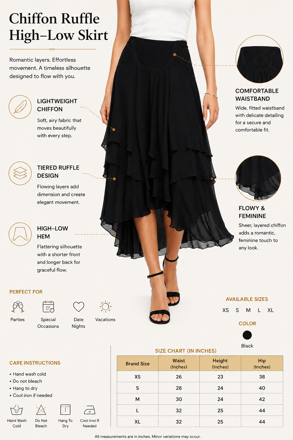 Chiffon High-Low Ruffle Skirt | Layered Midi Skirt | Back Zip Closure | 100% Polyester | Black