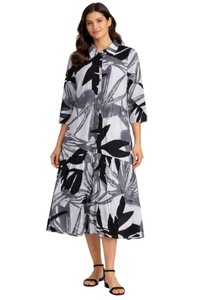 NoBarr Women Black Printed Viscose Shirt Midi Dress with 2 Side Pockets