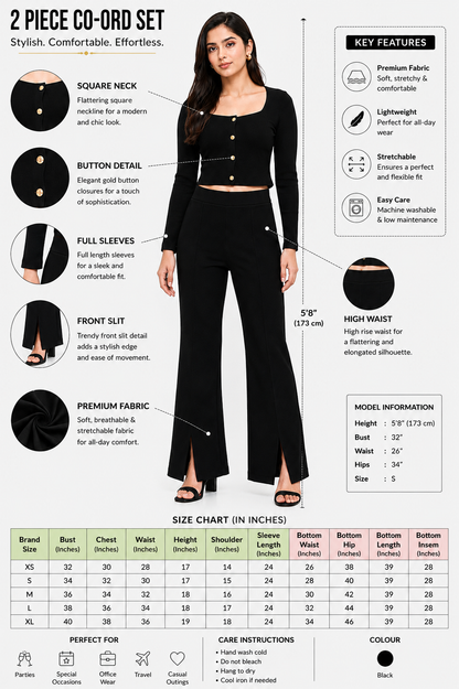 Black 2 Piece Co-Ord Set | Stretchable Viscose Blend | Square Neck Crop Top & High Waist Front Slit Pants