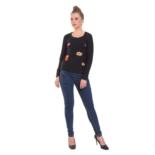 black high-low patches sweater