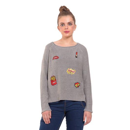 grey high-low patches sweater
