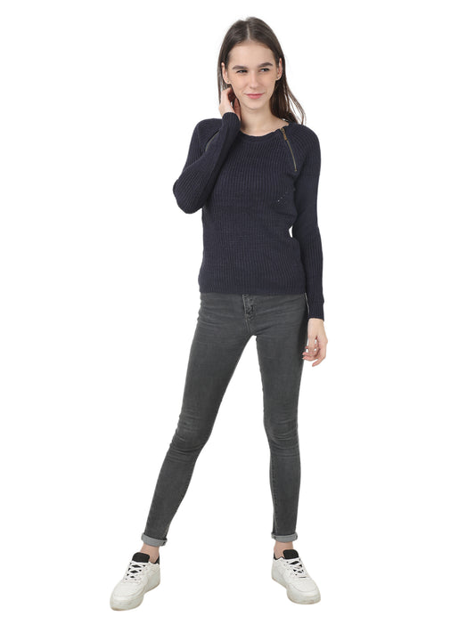 Viscose Zip Round Neck Full Sleeve Blue Sweater