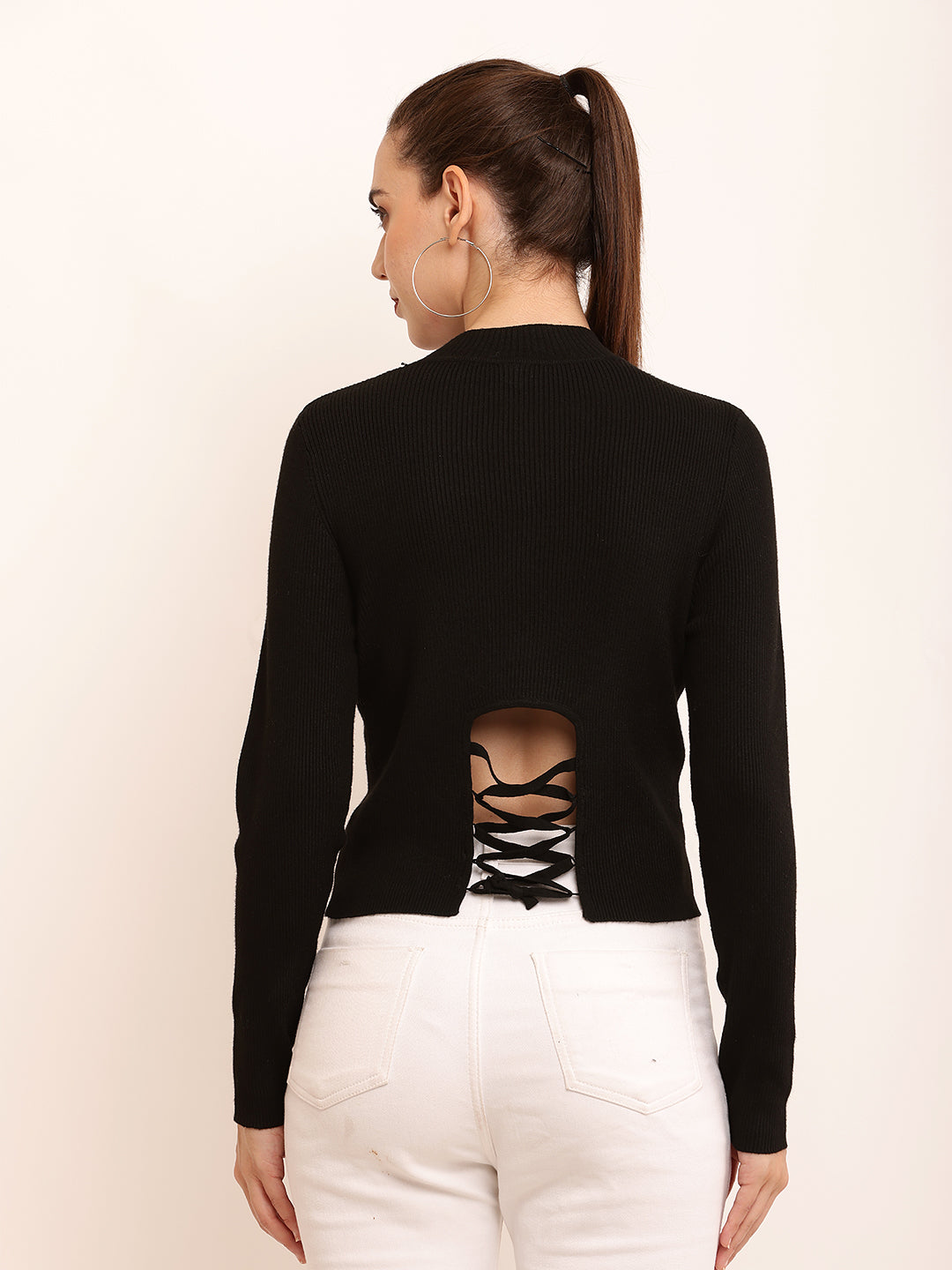 Polyester Crew Neck with Full Sleeve Ribbed Black Top