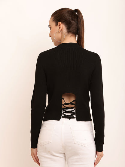 Polyester Crew Neck with Full Sleeve Ribbed Black Top