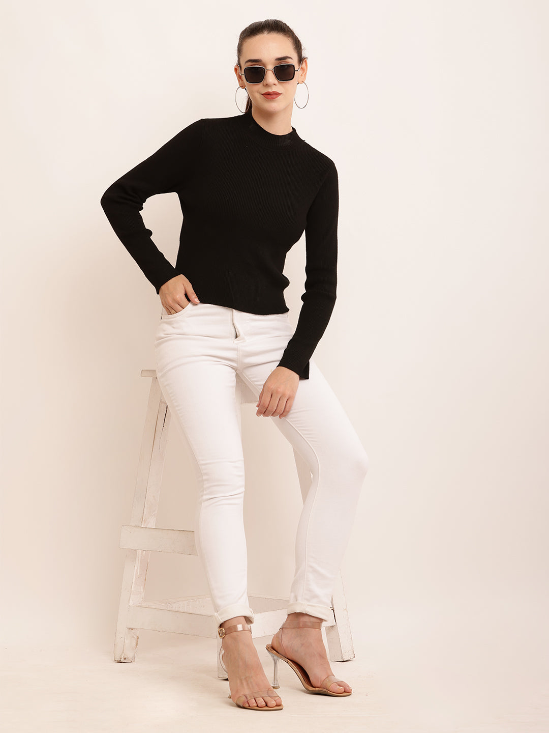 Polyester Crew Neck with Full Sleeve Ribbed Black Top