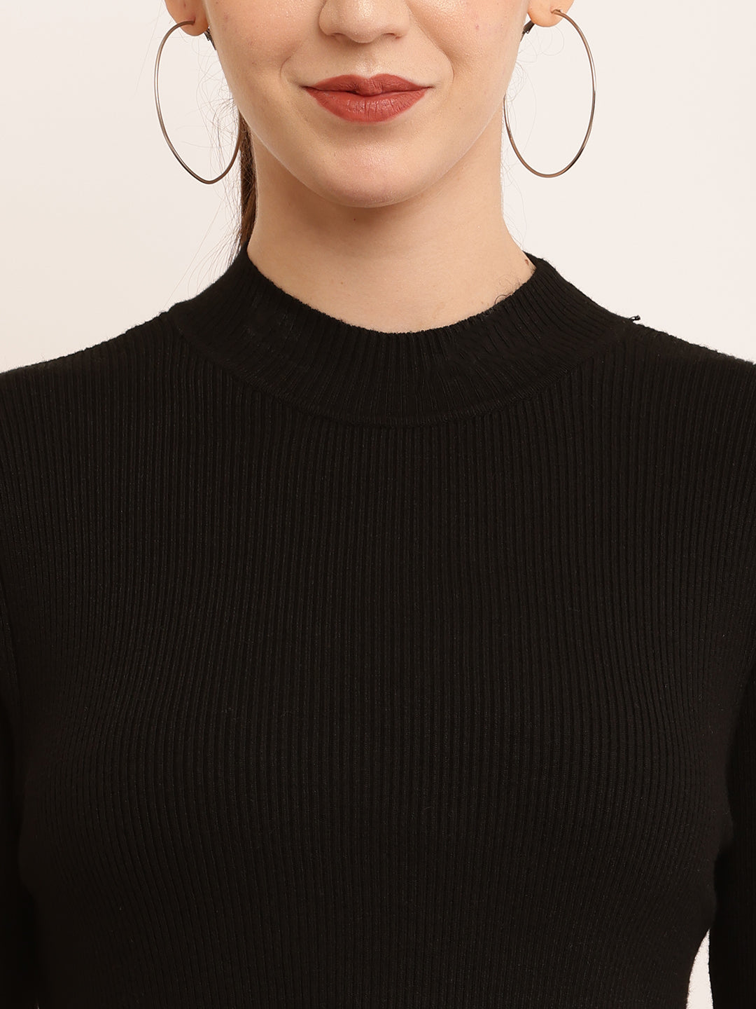 Polyester Crew Neck with Full Sleeve Ribbed Black Top