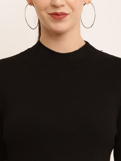 Polyester Crew Neck with Full Sleeve Ribbed Black Top