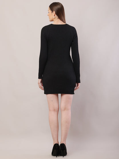 Polyester V-Neck with Full Sleeve Mini Black Sheath Dress