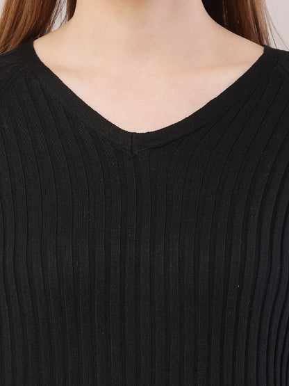 Polyester V-Neck with Full Sleeve Mini Black Sheath Dress