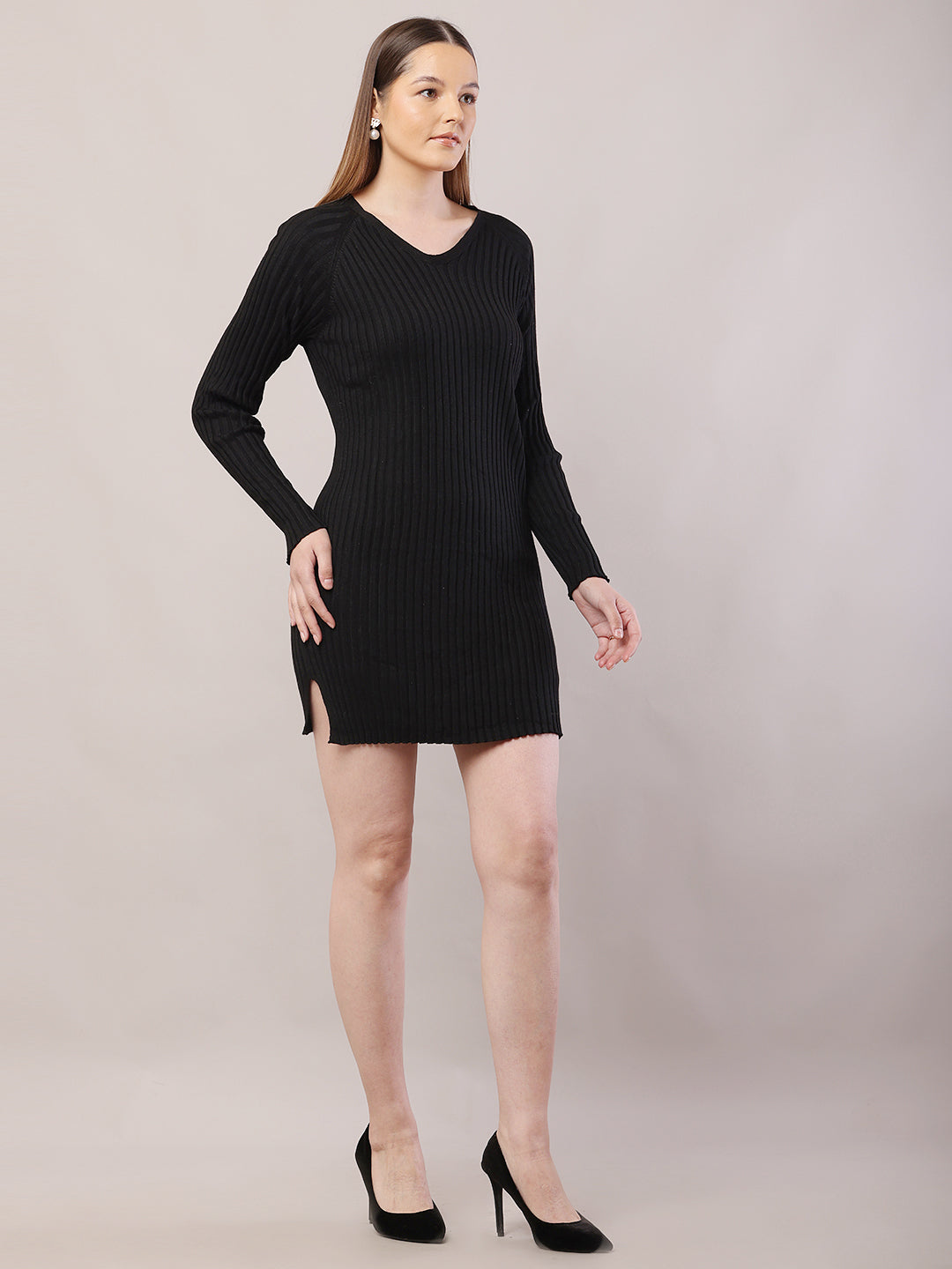 Polyester V-Neck with Full Sleeve Mini Black Sheath Dress