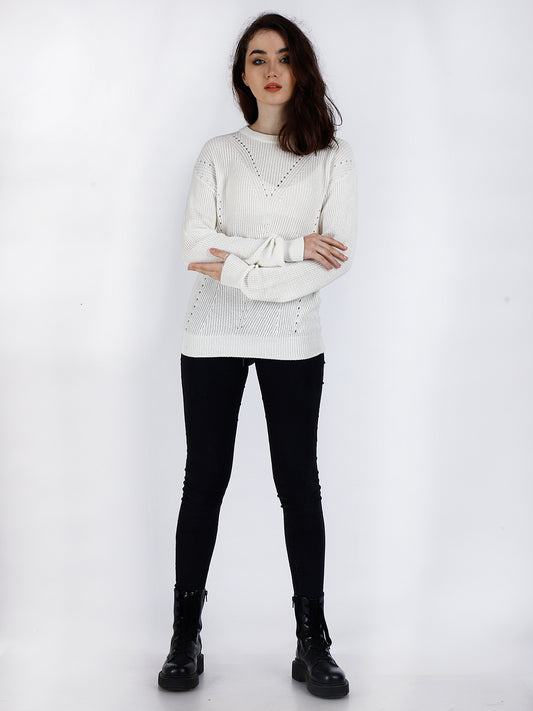 Acrylic Full Sleeve Round Neck White Sweater