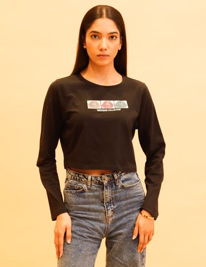 Cotton Full Sleeve with Round Neck Black Crop Top