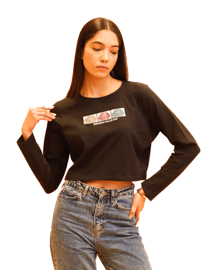 Cotton Full Sleeve with Round Neck Black Crop Top
