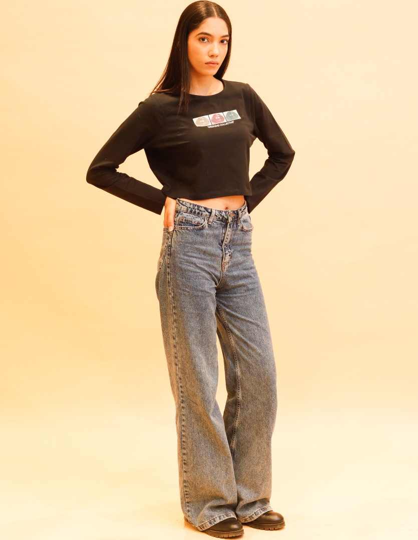 Cotton Full Sleeve with Round Neck Black Crop Top