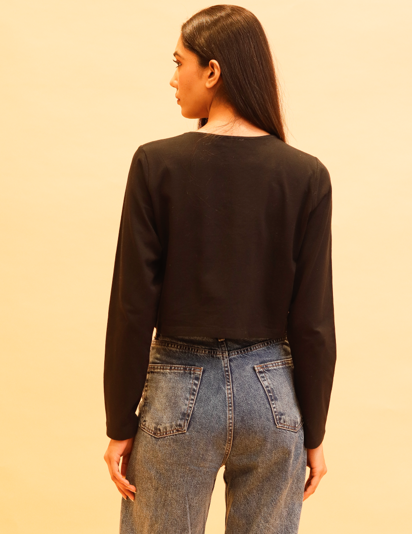 Cotton Full Sleeve with Round Neck Black Crop Top