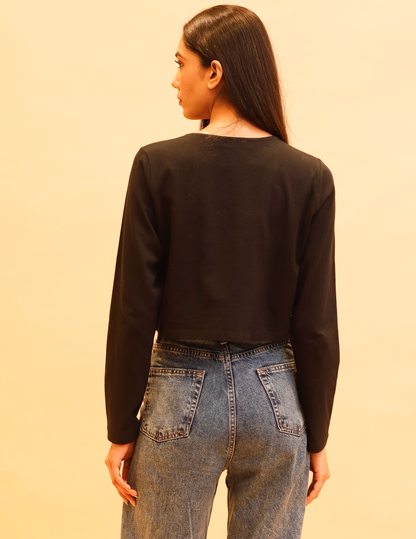 Cotton Full Sleeve with Round Neck Black Crop Top