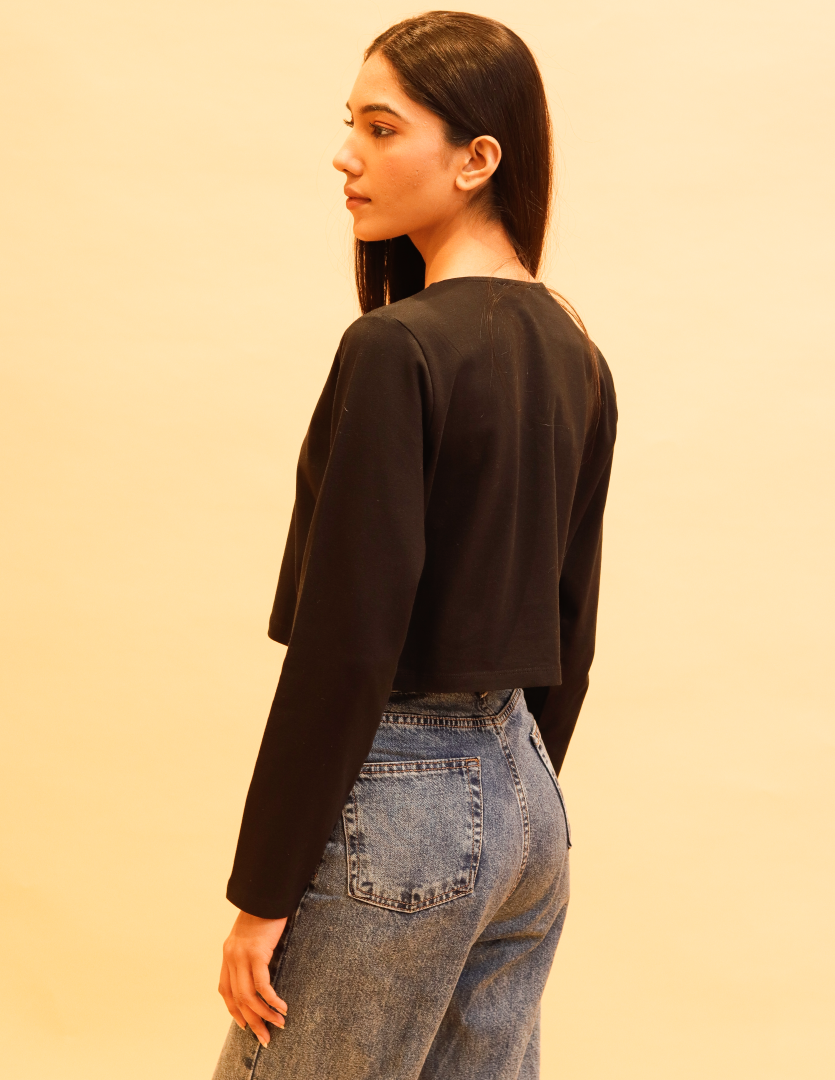 Cotton Full Sleeve with Round Neck Black Crop Top