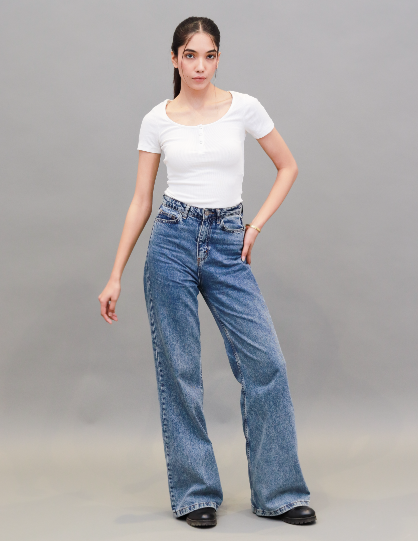Cotton Solid Henley-Neck Ribbed White T-shirt Top