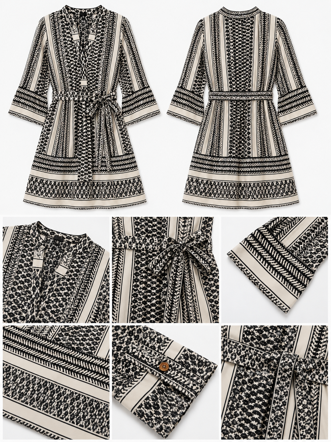 100% Polyester Geometric Printed A-Line Dress with V-Neck, 3/4 Flared Sleeves & Waist Tie Black