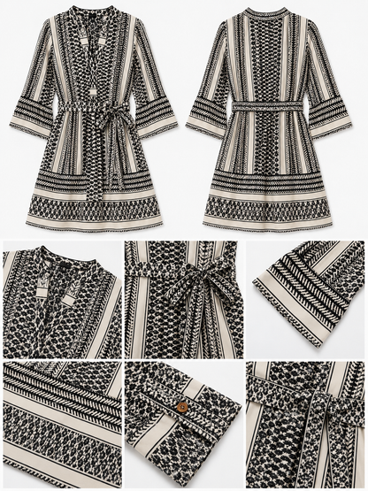 100% Polyester Geometric Printed A-Line Dress with V-Neck, 3/4 Flared Sleeves & Waist Tie Black