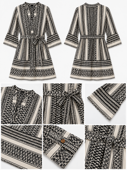 100% Polyester Geometric Printed A-Line Dress with V-Neck, 3/4 Flared Sleeves & Waist Tie Black