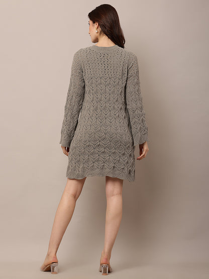 Polyester Full sleeve with Crew neck Crochet Light Green Shift Dress