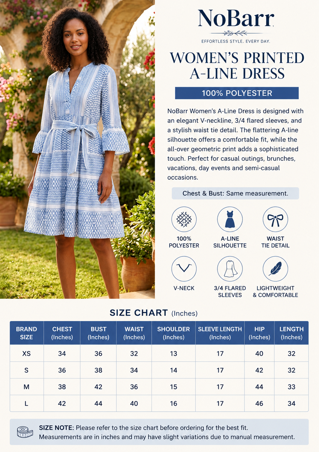 100% Polyester Geometric Printed A-Line Dress with V-Neck, 3/4 Flared Sleeves & Waist Tie Blue