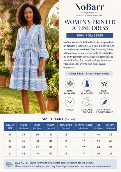 100% Polyester Geometric Printed A-Line Dress with V-Neck, 3/4 Flared Sleeves & Waist Tie Blue