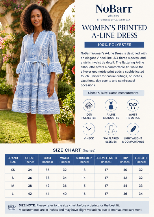 100% Polyester Geometric Printed A-Line Dress with V-Neck, 3/4 Flared Sleeves & Waist Tie Blue