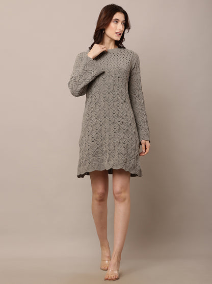 Polyester Full sleeve with Crew neck Crochet Light Green Shift Dress