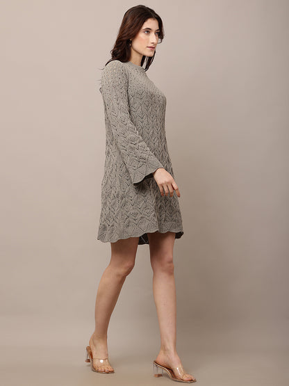Polyester Full sleeve with Crew neck Crochet Light Green Shift Dress