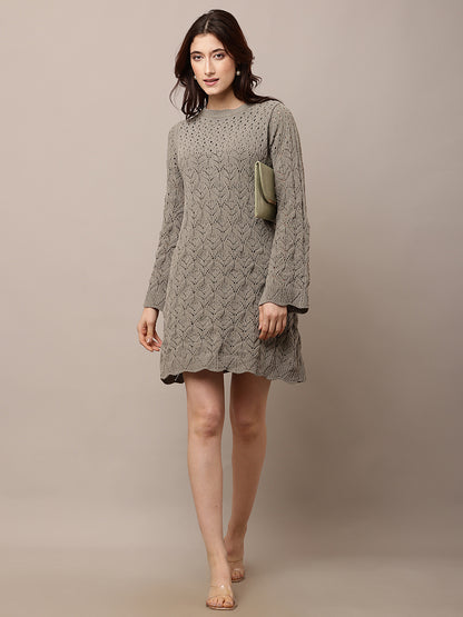 Polyester Full sleeve with Crew neck Crochet Light Green Shift Dress