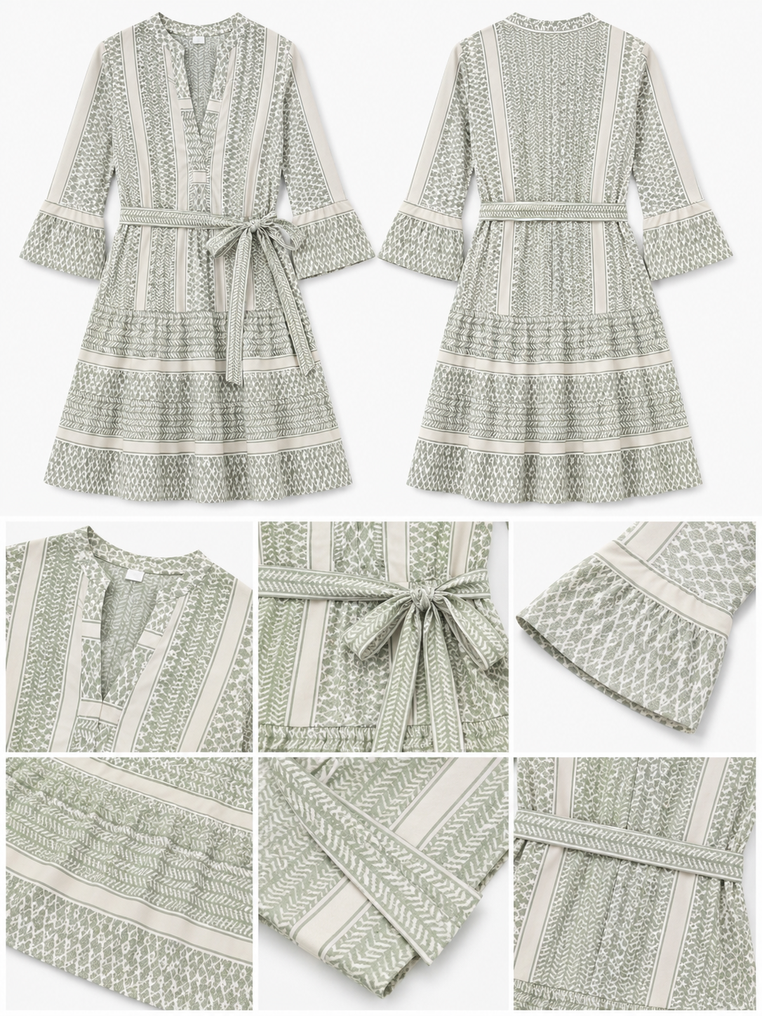 100% Polyester Geometric Printed A-Line Dress with V-Neck, 3/4 Flared Sleeves & Waist Tie Green