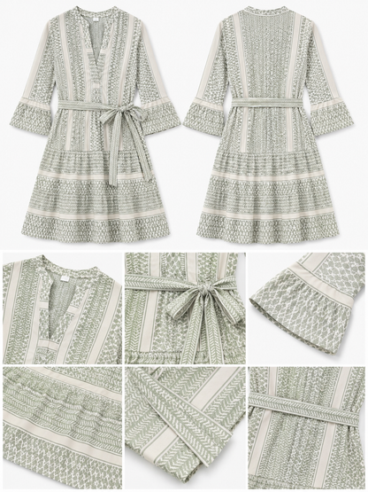 100% Polyester Geometric Printed A-Line Dress with V-Neck, 3/4 Flared Sleeves & Waist Tie Green