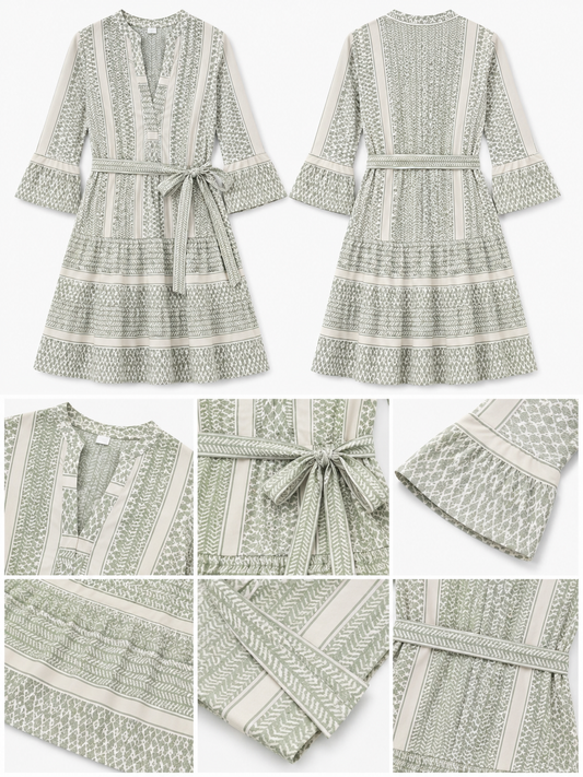 100% Polyester Geometric Printed A-Line Dress with V-Neck, 3/4 Flared Sleeves & Waist Tie Green