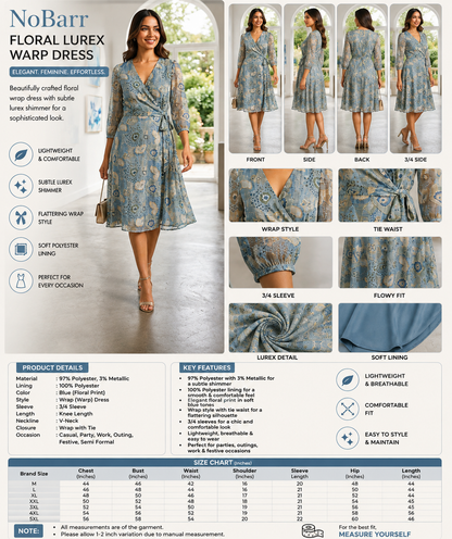 Blue Floral Printed Lurex Wrap Dress with Tie Waist, V-Neck & 3/4 Sleeves | Knee-Length A-Line