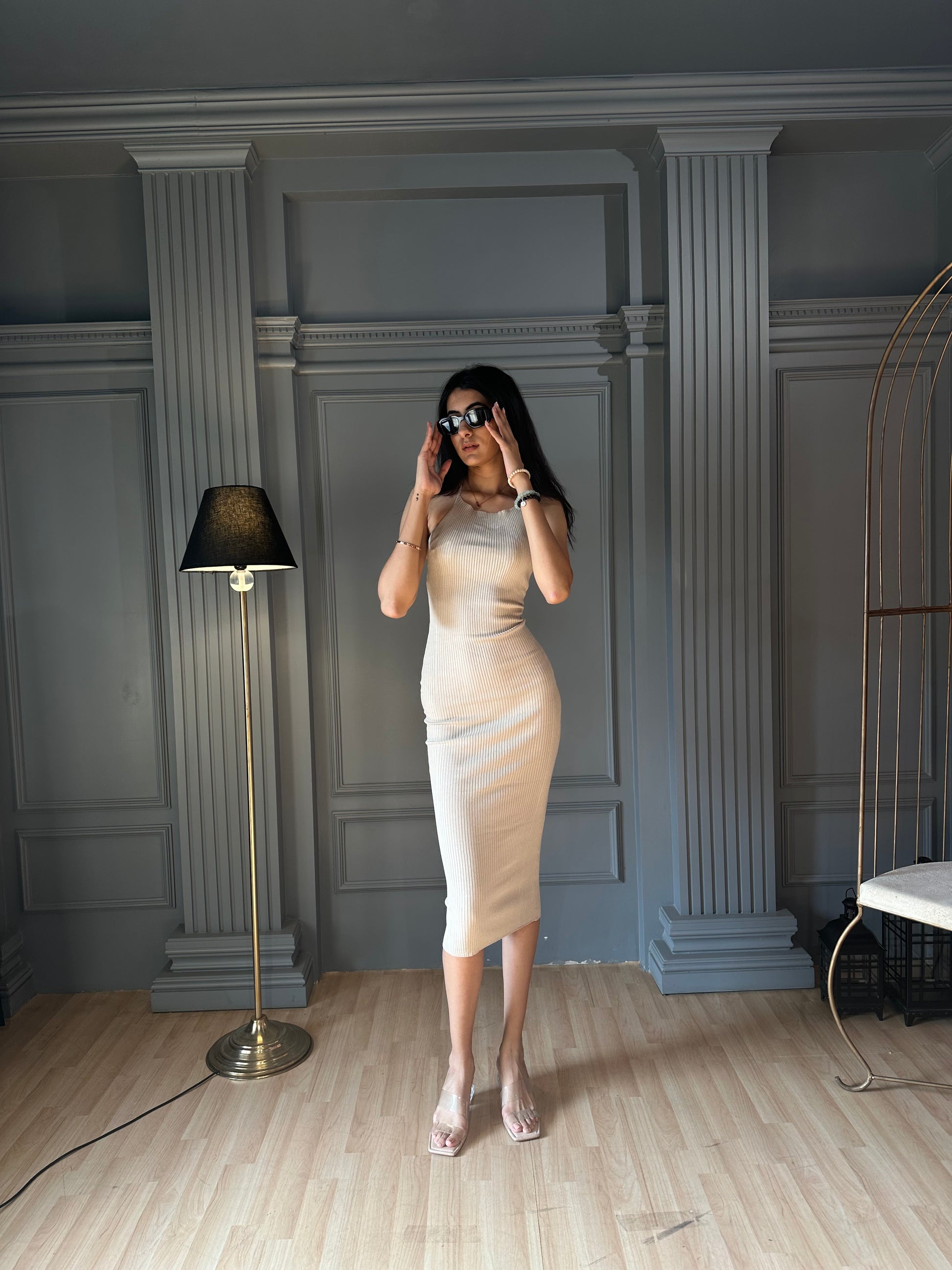 Viscose Sleeveless Bodycon Beige Dress – NoBarr