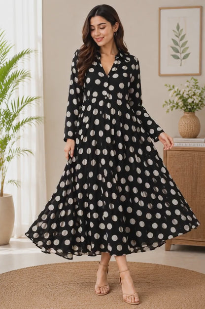 Black Polka Dot Printed Flared Midi Dress with Full Sleeves & Front Buttons