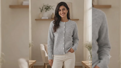 Grey Soft Knit Cardigan Sweater with Full Sleeves, Button Front & Round Neck