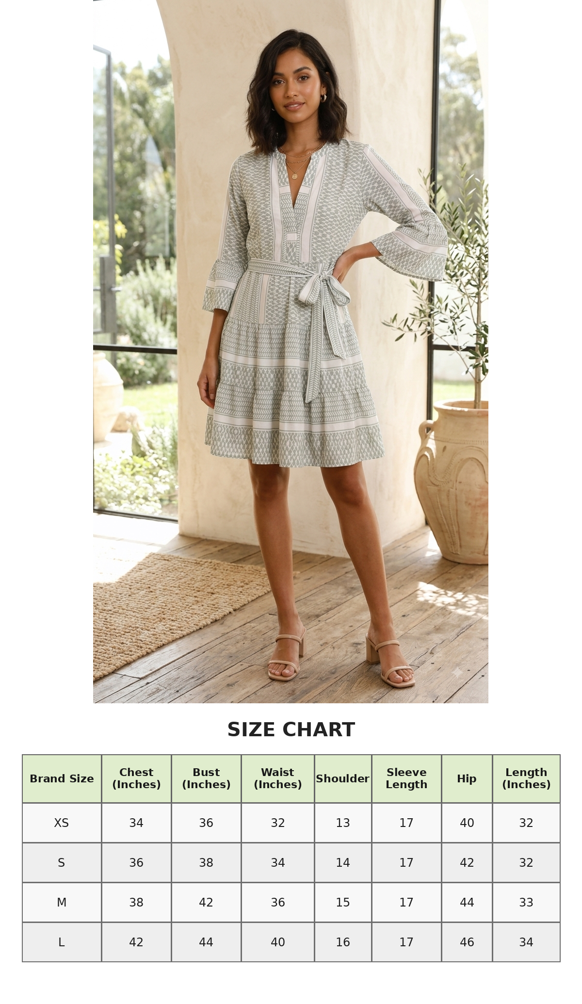 100% Polyester Geometric Printed A-Line Dress with V-Neck, 3/4 Flared Sleeves & Waist Tie Green