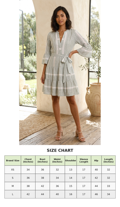100% Polyester Geometric Printed A-Line Dress with V-Neck, 3/4 Flared Sleeves & Waist Tie Green